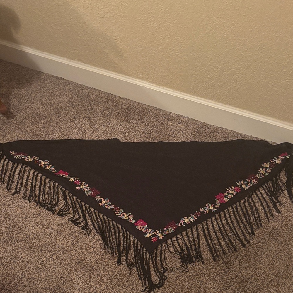 Macy's Black Floral Fringe Scarf